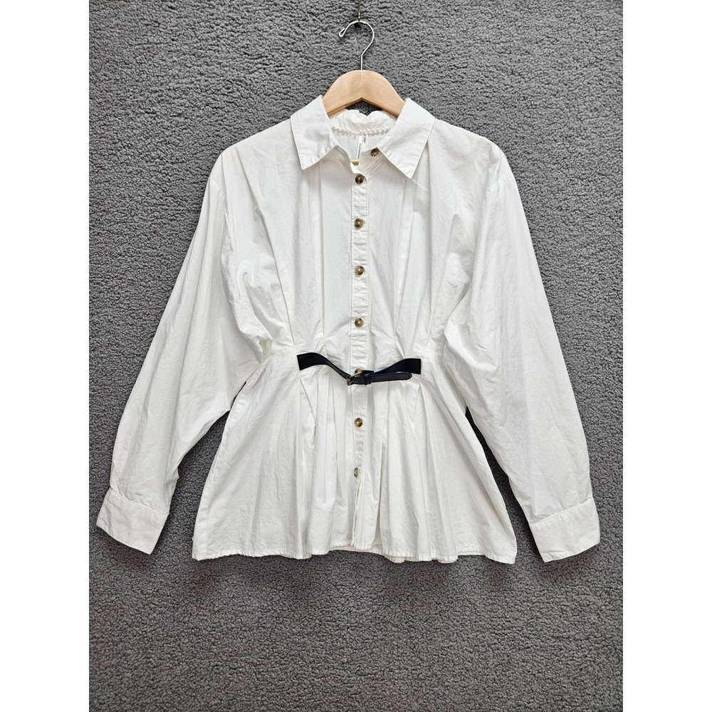 Anthropologie Button Down 8 White Belted Cotton Clean Girl Coastal Preppy Blouse